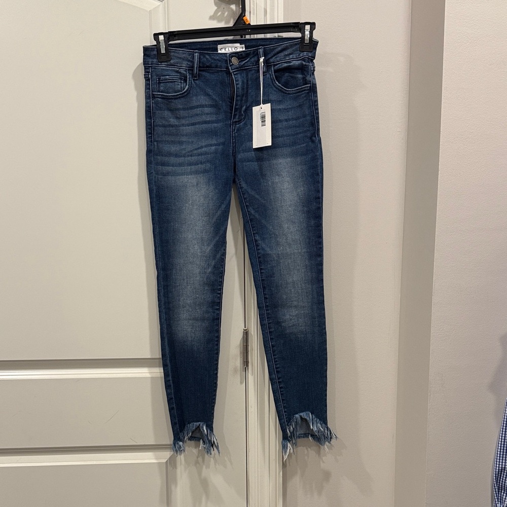 PAIGE Dark Blue Cropped Jeans with Frayed Hem